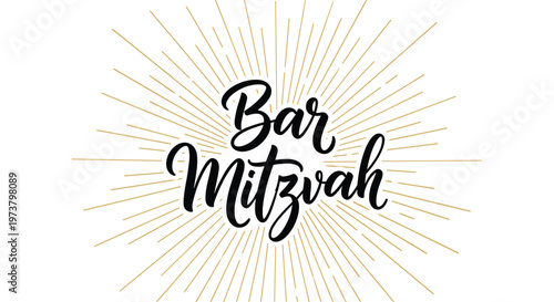 Elegant black calligraphy text reading Bar Mitzvah centered on a delicate gold sunburst background for celebratory invitations.
