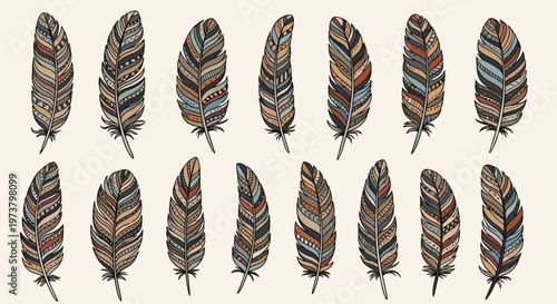 Set of colorful hand drawn feathers decorated with intricate tribal and ethnic patterns for boho style design projects.
