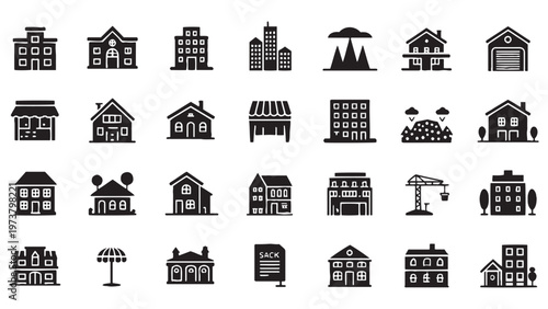Architecture and Real Estate Glyph Building Icon Set for Property App, Urban Development and Construction Interface Design