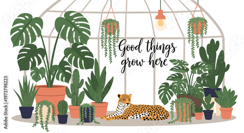 Stunning leopard resting in a lush greenhouse filled with diverse tropical houseplants under a Good things grow here neon sign.