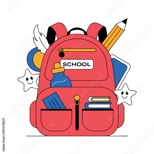 a red school backpack with front pockets and water bottles