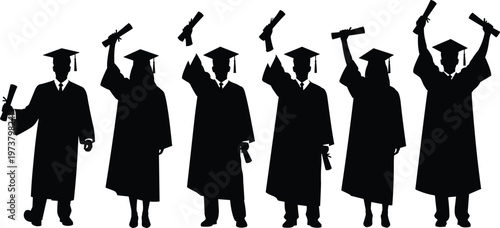 Silhouette of six graduates in caps and gowns holding diplomas, celebrating education success, academic achievement, and joyful milestone accomplishment