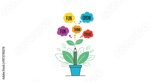 Creative concept illustration showing a green plant sprouting from a pencil in a pot with thought bubbles for growth.