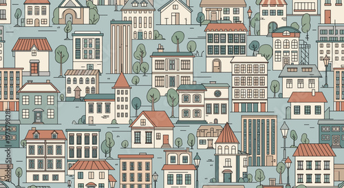 Detailed seamless pattern of various colorful houses and city buildings with small trees and street lamps in a charming town.