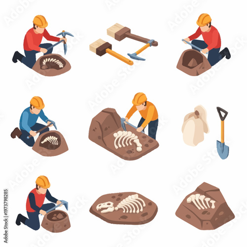 People working on dinosaur fossils excavation.