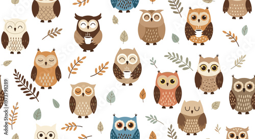Seamless pattern featuring cute cartoon owls in various brown and blue shades holding coffee mugs on a white background.