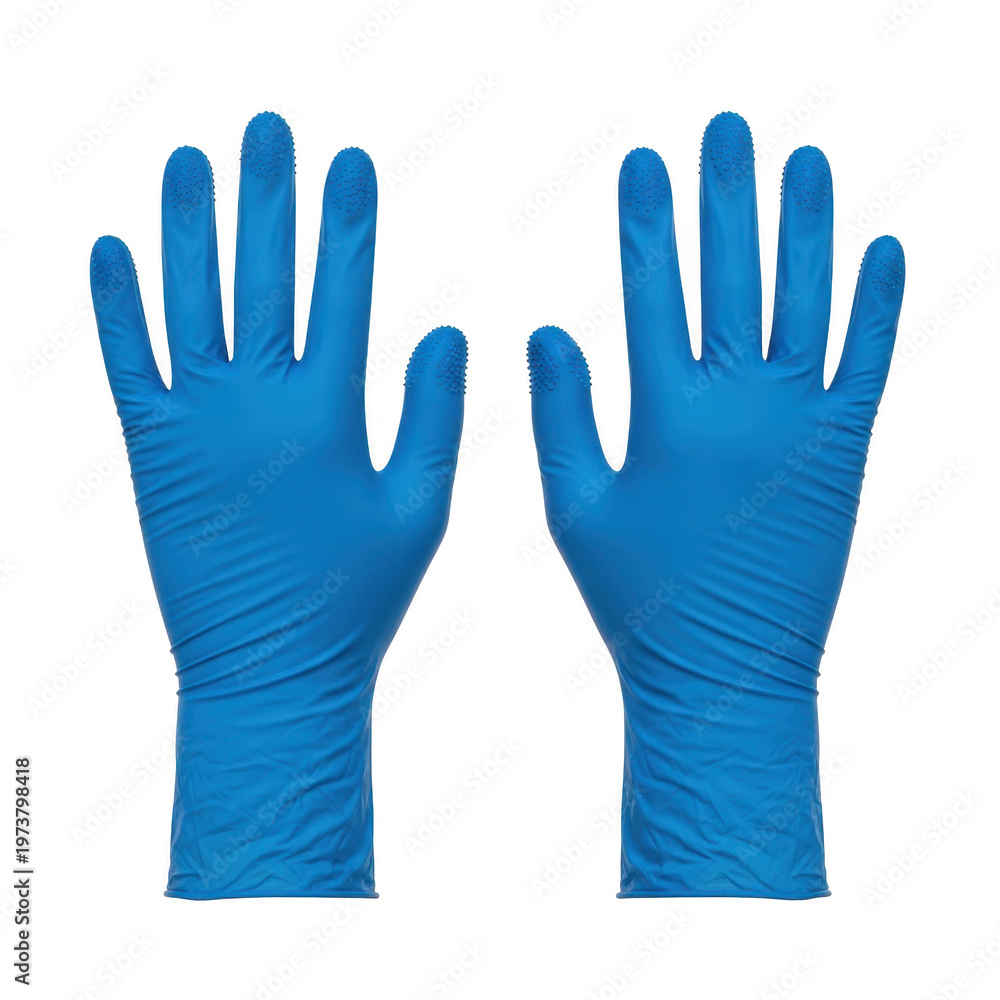 Obraz premium Pair of blue disposable nitrile gloves shown from the front view