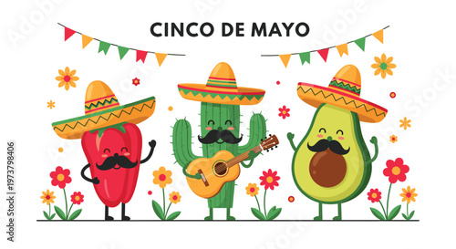 Festive Cinco de Mayo celebration with cute cartoon pepper, cactus, and avocado characters wearing sombreros and playing music.