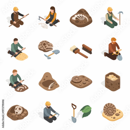 People excavating dinosaur fossils outdoors.