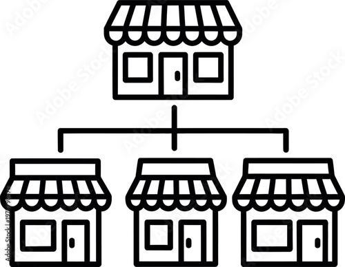 Franchise business concept showing a main store connected to multiple smaller locations.