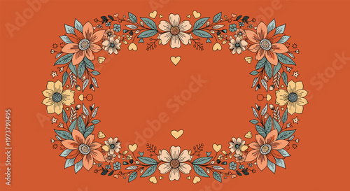 Elegant rectangular frame composed of autumnal flowers and leaves in warm orange and yellow tones on a solid background.