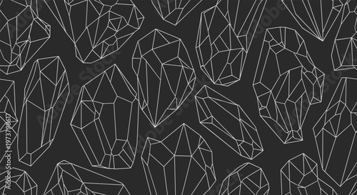 Seamless background pattern of white outline geometric crystals and gemstones on a solid dark gray or black background.