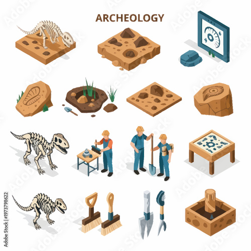 Archeology excavation tools and dinosaur fossils.