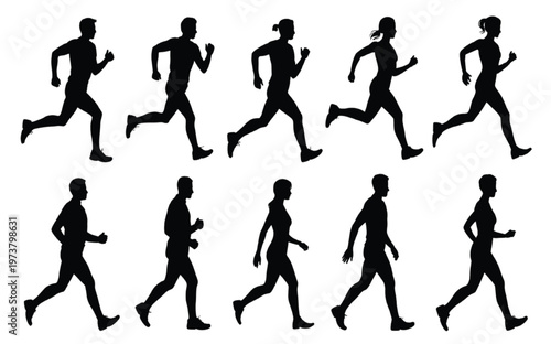 Black silhouettes of people running in various poses vector illustration EPS PNG file
