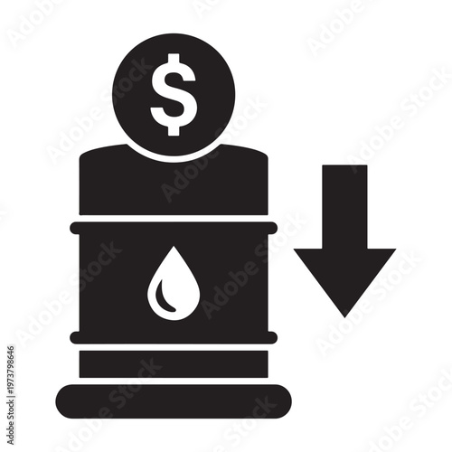 Oil price drop icon with dollar coin and down arrow, crude oil barrel decrease symbol, petroleum market crash vector illustration
