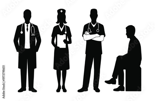 Black silhouette of male and female doctors, nurse, and patient vector illustration EPS PNG file