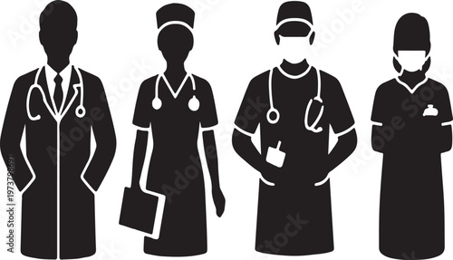 Silhouettes of four medical professionals with stethoscopes and clipboards vector illustration EPS PNG file