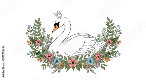 Beautiful white swan wearing a small crown surrounded by a delicate floral wreath of pink and blue flowers and leaves.
