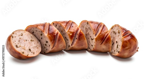 Sliced grilled sausage with herbs on a white background perfect for food and culinary concepts