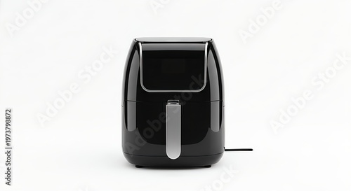 Black air fryer with digital display and handle on white background kitchen appliance for healthy cooking