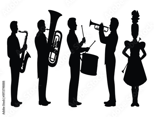 Black and white silhouette of musicians playing various instruments vector illustration EPS PNG file
