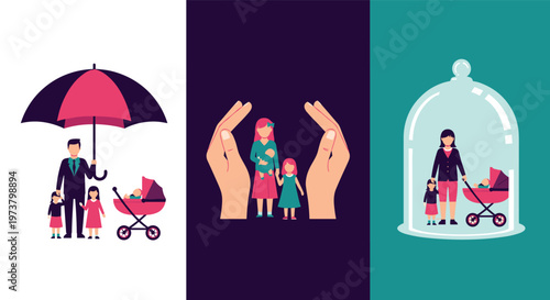 Three different conceptual illustrations representing family protection and safety with an umbrella, hands, and a glass dome.