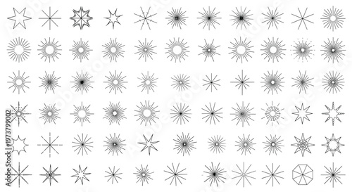 Comprehensive set of various hand drawn starburst and sunburst design elements for creative graphic design and decoration projects.