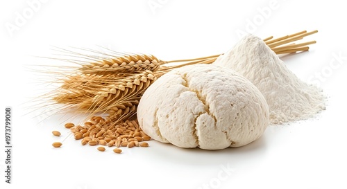 Fresh dough ball with wheat grains and flour on white background for baking concept