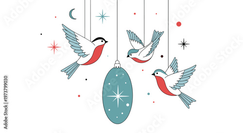 Christmas illustration of red breasted robin birds flying among hanging blue ornaments and festive stars against a white background.