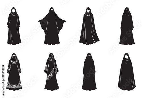 Muslim woman silhouette icons set, traditional abaya and niqab clothing vector, 8 black female figures in modest islamic dress for cultural design