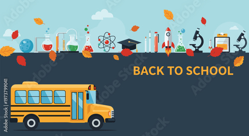 Horizontal back to school banner featuring a yellow school bus and a row of educational icons including science and laboratory equipment.