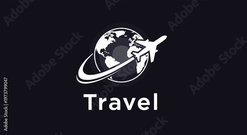 Minimalist travel logo design featuring a white airplane silhouette flying around a globe with a circular path on a dark blue background.