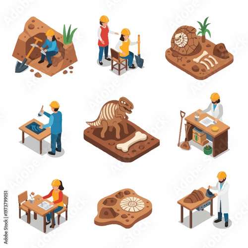 Paleontologists excavate dinosaur fossil bones.