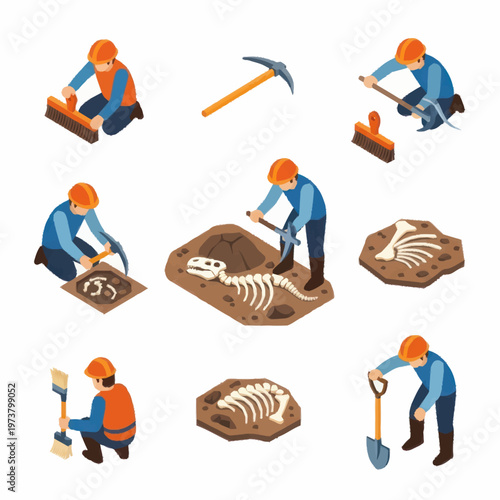 Workers excavating dinosaur fossil bones.