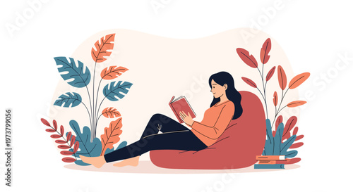 Illustration of a young woman relaxing and reading a book on a comfortable red bean bag chair surrounded by lush indoor houseplants.