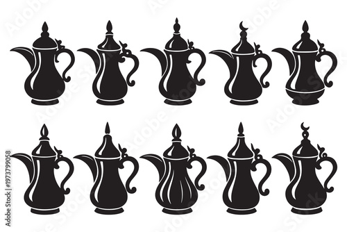 Traditional Arabic Dallah coffee pot silhouettes, set of 10 black vector icons, Middle Eastern culture and hospitality symbols for Ramadan and Eid