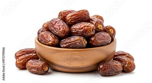 A wooden bowl filled with brown dates on a white background surrounded by scattered dates healthy snack concept