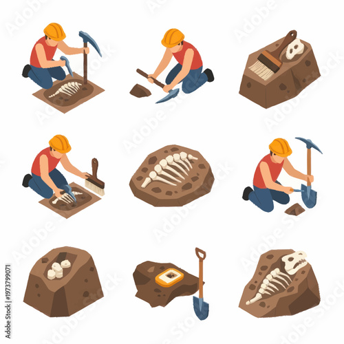 Man digging up dinosaur fossil bones.