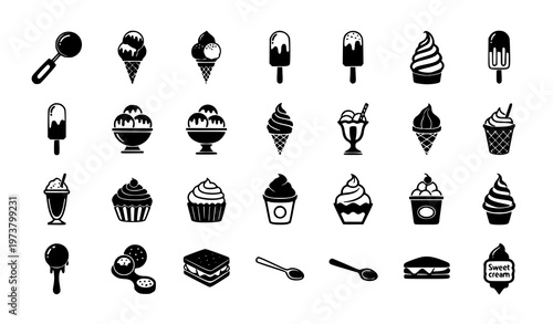 Vanilla ice cream filled icons set with dessert sweets and frozen treats vector isolated on white