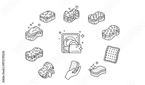 Elegant sponge outline icons set with cleaning and dishwashing symbols premium vector isolated on white