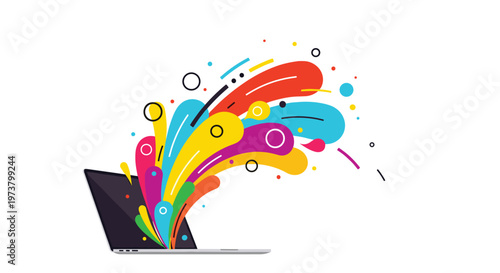 Creative digital concept with colorful abstract liquid shapes and circles bursting from an open laptop screen on a white background.