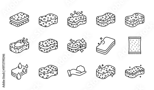Sponge outline icons set with cleaning and dishwashing symbols vector isolated on white