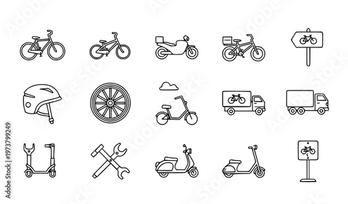 Bike outline icons set with bicycle motorbike helmet and transport symbols vector isolated on white