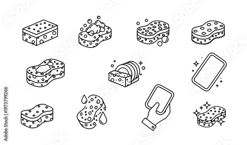 Modern sponge icons collection with cleaning and dishwashing symbols outline vector isolated on white