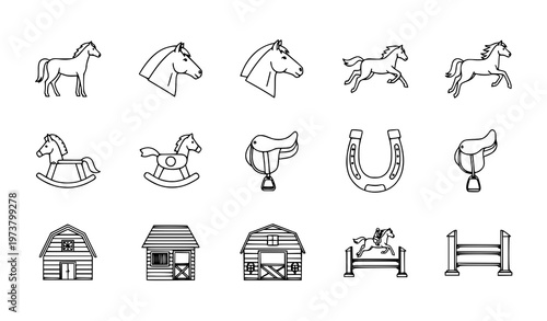Horse icons set with equestrian animals toys and farm symbols filled and outline vector isolated on white