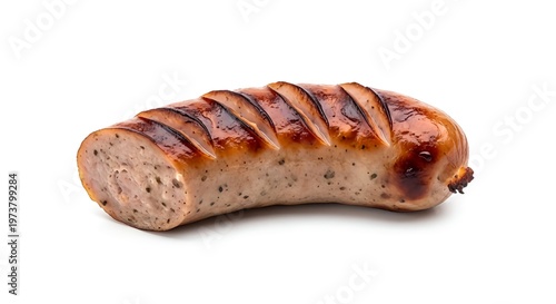 Grilled sausage with diagonal cuts on a white background perfect for food and culinary concepts