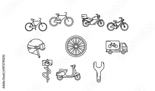 Elegant bike outline icons set with bicycle motorbike helmet and mobility symbols premium vector isolated on white