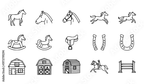Modern horse icons collection with equestrian animals toys and farm symbols filled and outline vector isolated on white