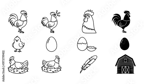 Modern rooster icons collection with cockerel poultry farm and egg symbols filled and outline vector isolated on white