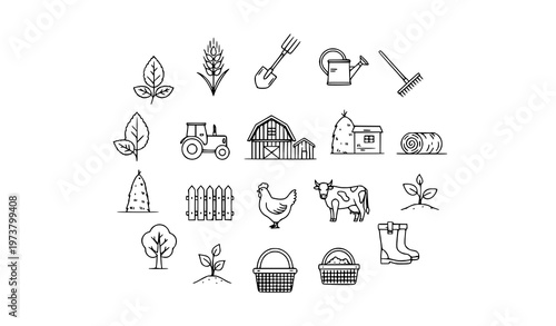 Elegant farm outline icons set with agriculture herb tools animals and rural symbols premium vector isolated on white